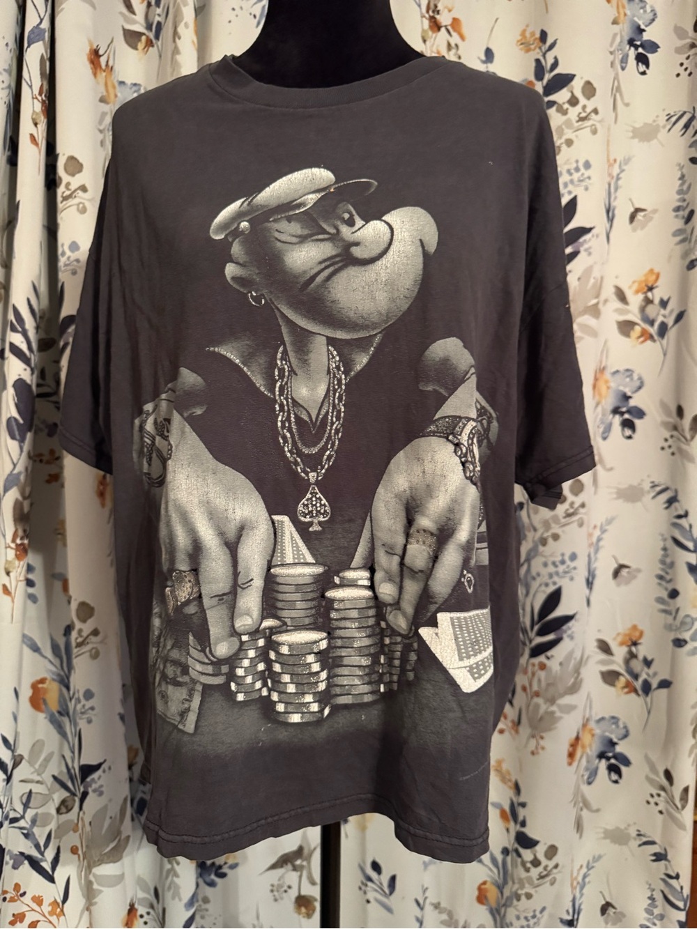 Men's Graphic Pop Eyes Sailor Man Poker Print Tee in Charcoal B12 Size 1X
